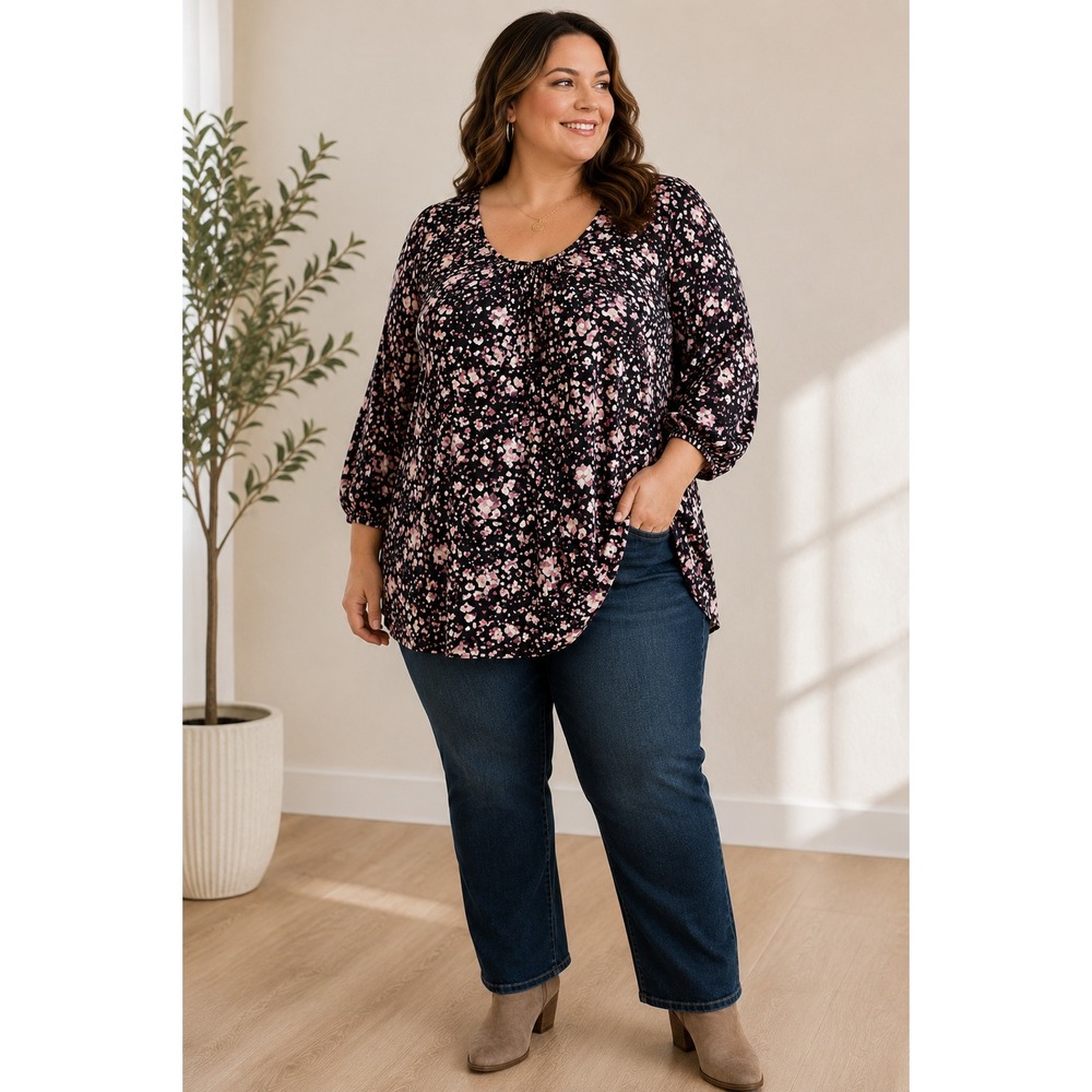 Terra & Sky 1X Pink Black Floral Blouse 100% Viscose Balloon Sleeve Plus